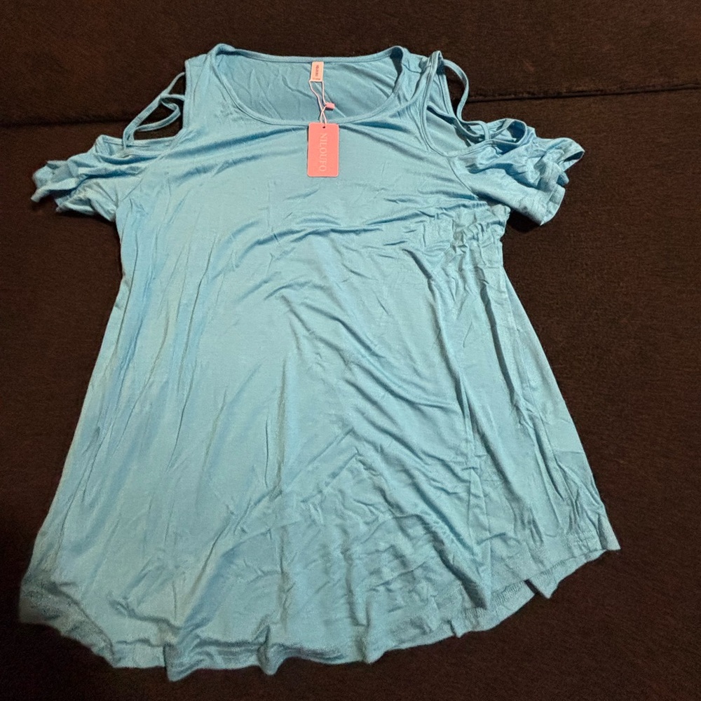 Stylish Light Blue Cold Shoulder Blouse